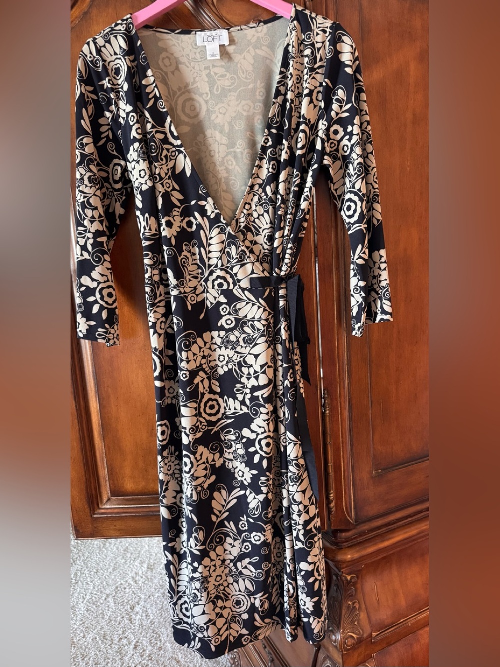 LOFT Navy and Cream Floral Wrap Dress with Grosgrain Waist Tie